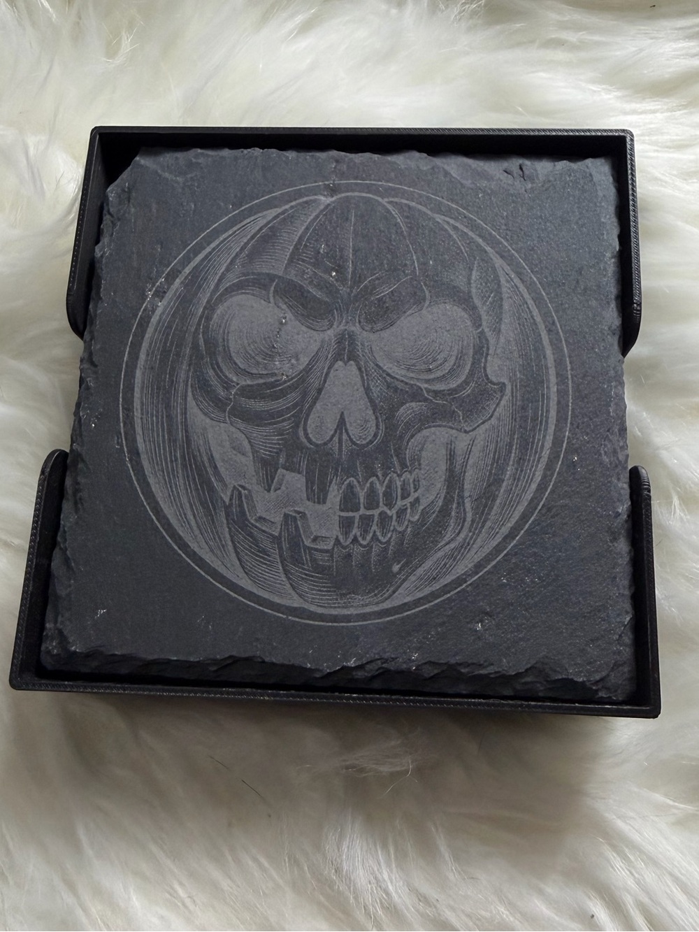 Halloween Skull & Skeleton Slate Coasters - Black (set of 4 with holder) NWOT